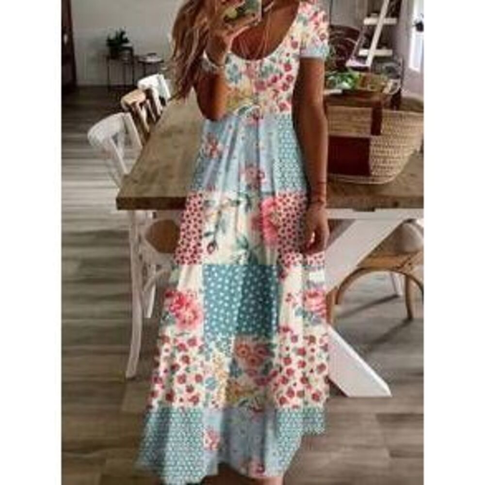 Women's Casual Floral & Polka Dot Print Maxi Dress - V-Neck, Light Blue